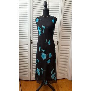 Vintage 90's Phoebe Buffay Black and Blue Floral Sleeveless Midi Maxi Dress Sz 8